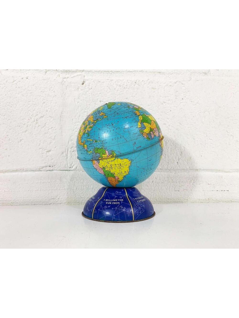 Globe Bank Zodiac Calendar Ohio Art Tin Lithograph Metal World Map 1950s